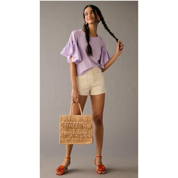 Maeve Anthropologie Ruffle-Sleeve Tee Blouse Top Solid Ribbed Lavender Sz M - Picture 2 of 11